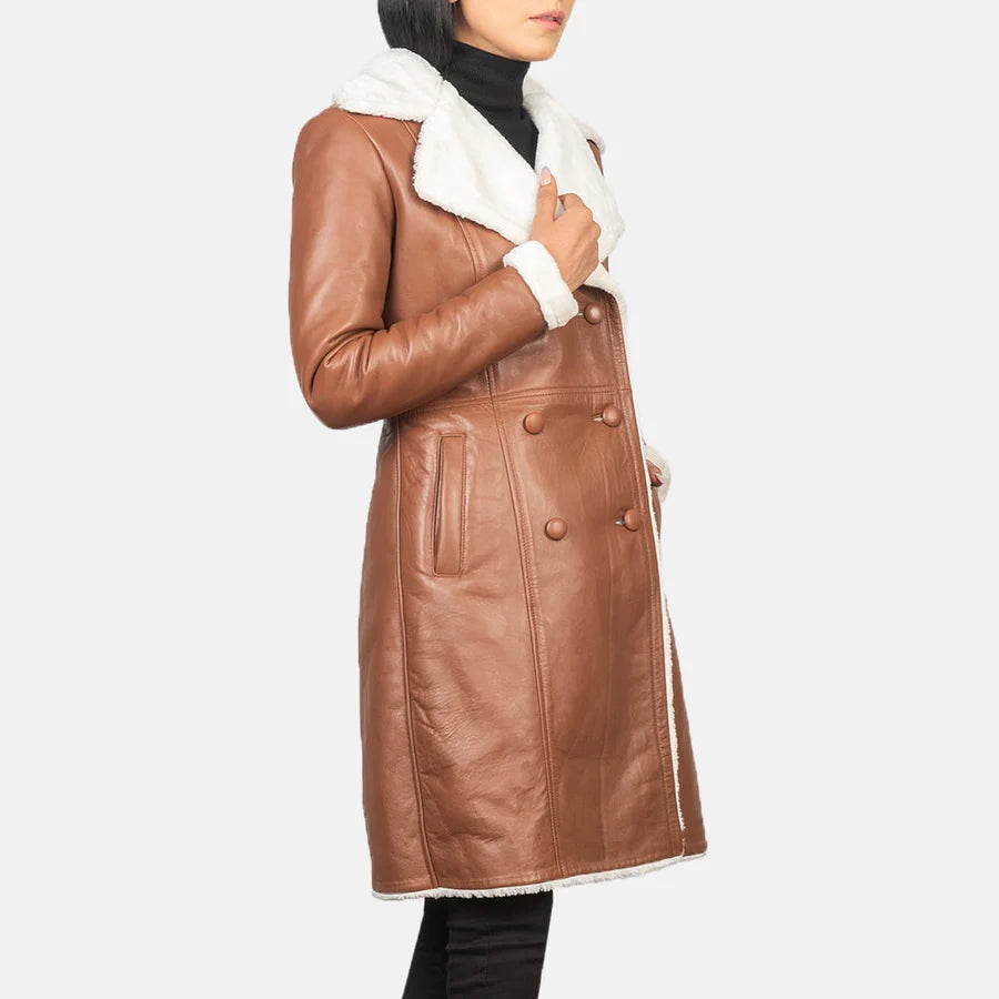 Women's Amie brown leather shearling coat with fitted waist and white fur collar, angled