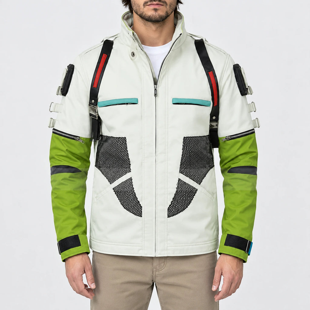 Apex Legend Gaming Jackets with black mesh panels, harness straps, stand collar and front zipper, front view