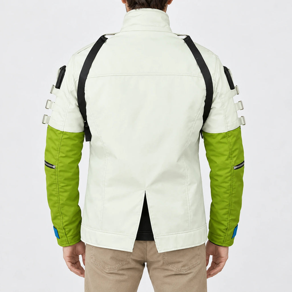 Apex Legend Gaming Jackets with harness-style straps and contrast green sleeves, back view