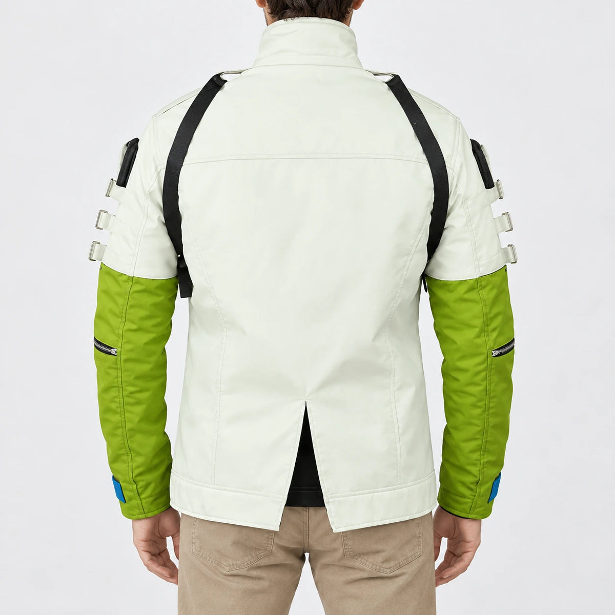 Apex Legend Gaming Jackets with harness-style straps and contrast green sleeves, back view