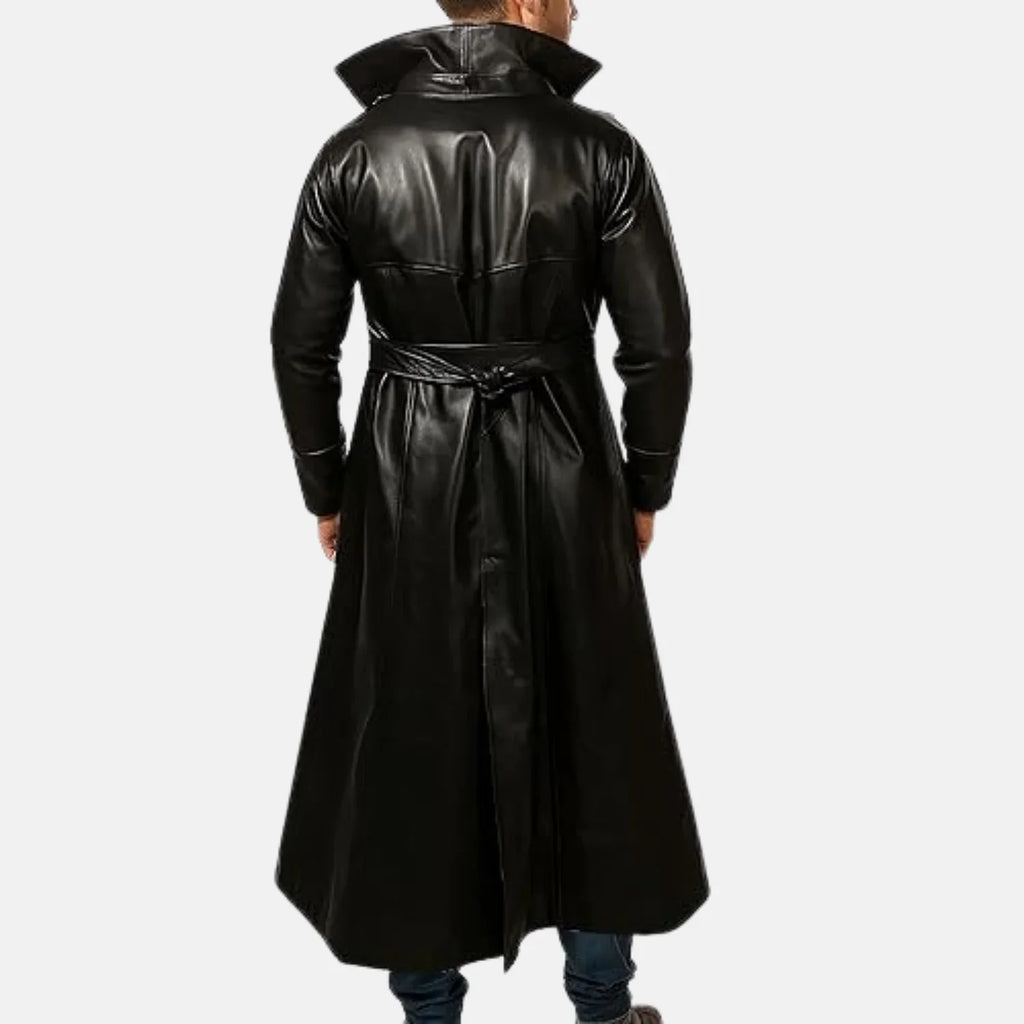 Men's long black real leather trench coat with full-length straight hem and belted back detail, back view