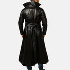Men's long black real leather trench coat with full-length straight hem and belted back detail, back view