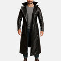 Men's long black real leather trench coat with wide stand-up collar and notched lapels, front view