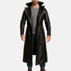 Men's long black real leather trench coat with wide stand-up collar and notched lapels, front view
