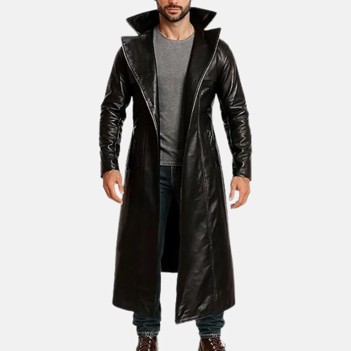 Men's long black real leather trench coat with wide stand-up collar and notched lapels, front view