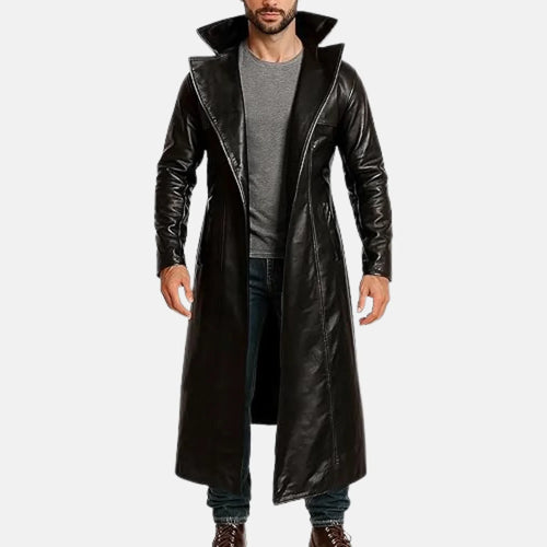 Men's long black real leather trench coat with wide stand-up collar and notched lapels, front view