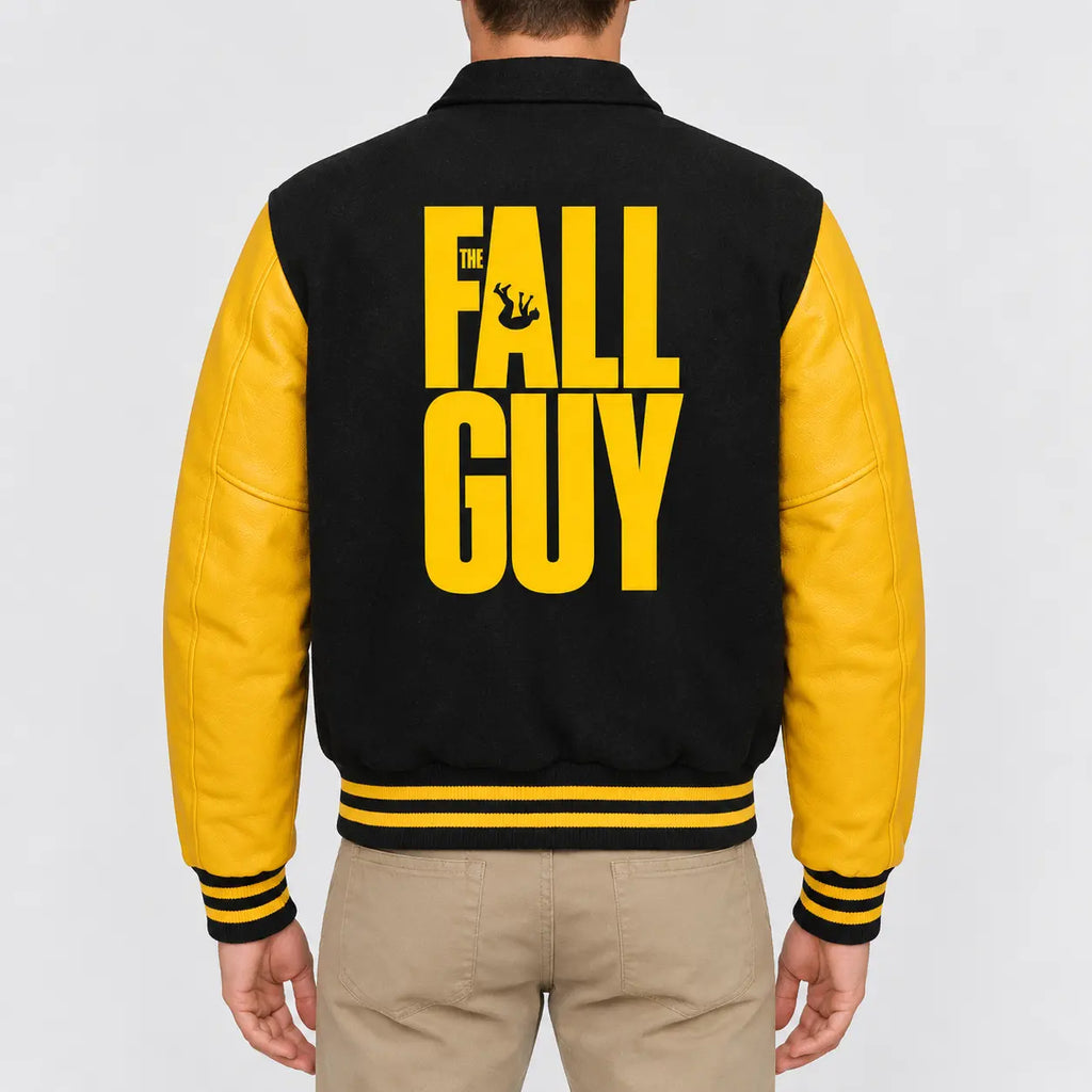 Men’s black wool varsity jacket with yellow leather sleeves and striped rib cuffs and hem