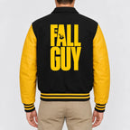 Men’s black wool varsity jacket with yellow leather sleeves and striped rib cuffs and hem