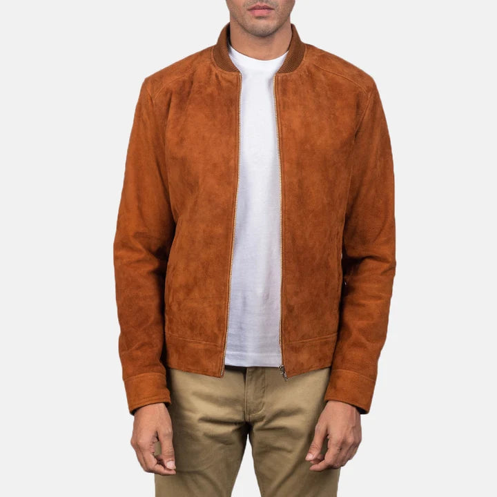 Upper-body front shot showing the fit of a men's brown suede jacket.