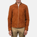 Full-length distance view of a model posing in a brown suede leather jacket