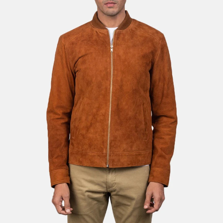 Full-length distance view of a model posing in a brown suede leather jacket
