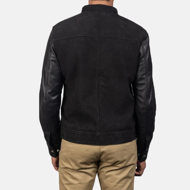 Back view of a man wearing the Blain Black Hybrid Bomber Jacket.