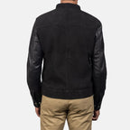 Back view of a man wearing the Blain Black Hybrid Bomber Jacket.