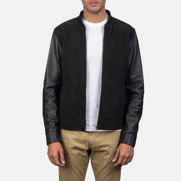 Front close-up view of a man wearing the Blain Black Hybrid Bomber Jacket over a white t-shirt.
