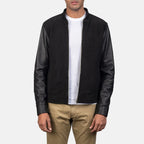 Front close-up view of a man wearing the Blain Black Hybrid Bomber Jacket over a white t-shirt.