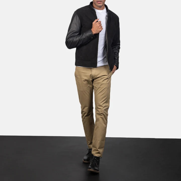 Full upper-body front view of a model wearing a black hybrid leather and suede bomber jacket.