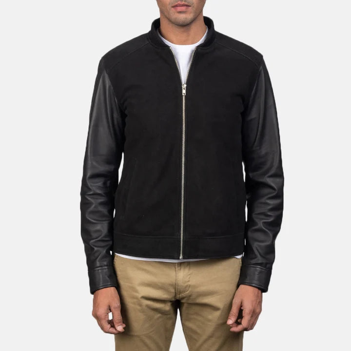Front view showing the fit and zipper detail of the men's black hybrid bomber jacket.
