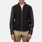 Front view showing the fit and zipper detail of the men's black hybrid bomber jacket.