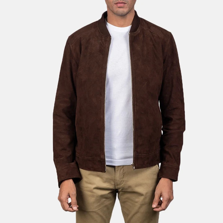 Front view of a man wearing the Blain Mocha Suede Bomber Jacket over a white t-shirt.