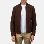 Front view of a man wearing the Blain Mocha Suede Bomber Jacket over a white t-shirt.