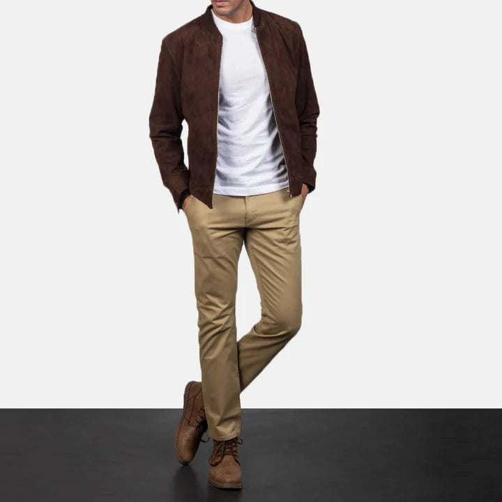 Full upper-body front view of a model wearing a dark brown mocha suede bomber jacket.