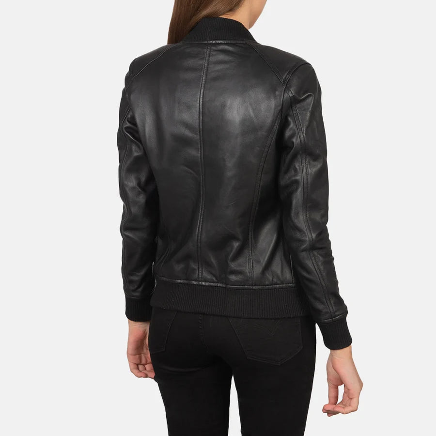 Women’s Bliss black leather bomber jacket with rib knit collar and waistband