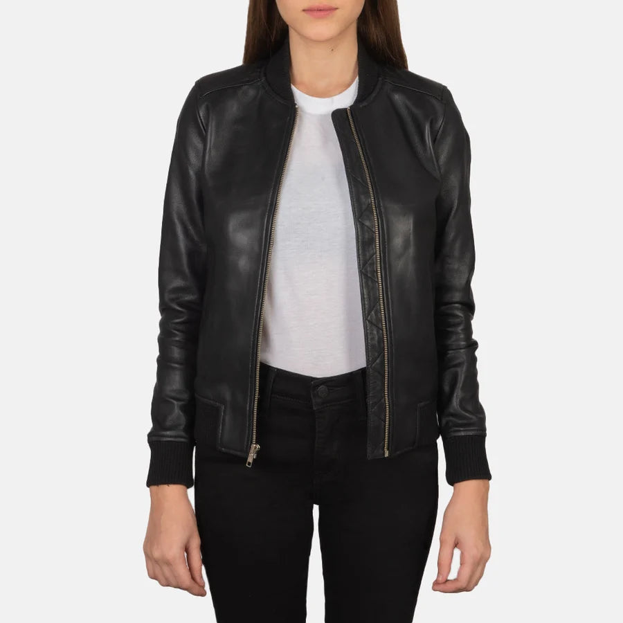 Women’s Bliss black leather bomber jacket worn open with gold-tone zipper and inner placket