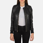 Women’s Bliss black leather bomber jacket worn open with gold-tone zipper and inner placket