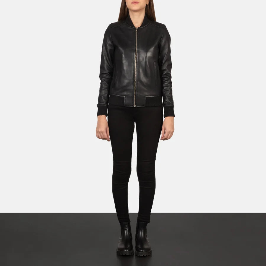 Women’s Bliss black slim fit leather bomber jacket with rib knit hem, full length