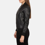 Women’s Bliss black leather bomber jacket with fitted sleeve and rib knit cuffs