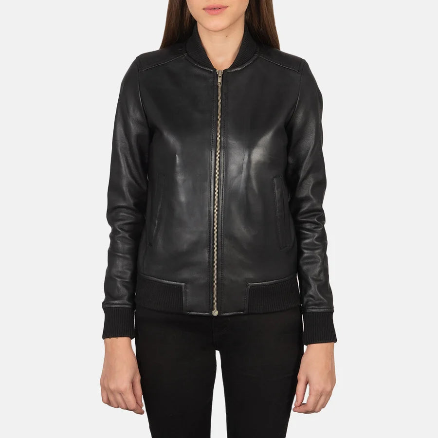 Women’s Bliss black leather bomber jacket with rib knit collar and cuffs
