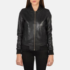 Women’s Bliss black leather bomber jacket with rib knit collar and cuffs