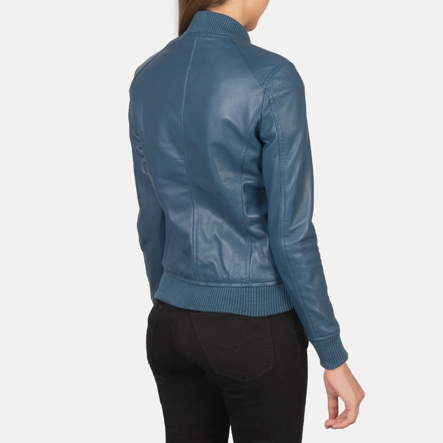 Women’s Bliss blue leather bomber jacket with rib knit collar and waistband