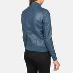Women’s Bliss blue leather bomber jacket with rib knit collar and waistband
