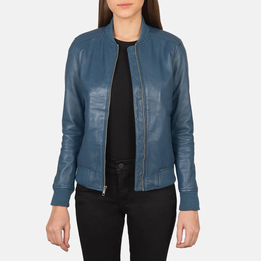 Women’s Bliss blue leather bomber jacket worn open with rib knit hem and cuffs