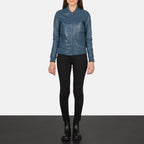 Women’s Bliss blue slim fit leather bomber jacket with rib knit waistband, full length