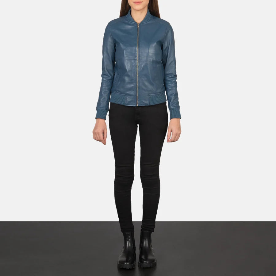 Women’s Bliss blue slim fit leather bomber jacket with rib knit waistband, full length