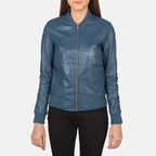 Women’s Bliss blue leather bomber jacket with rib knit collar and front zipper