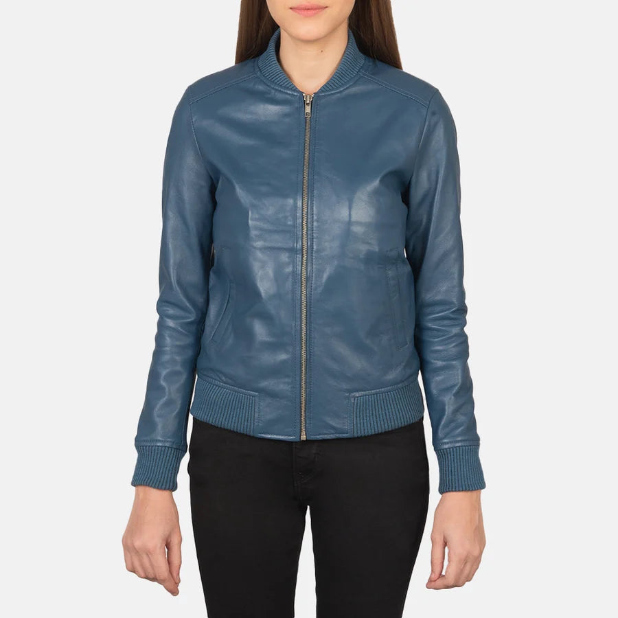 Women’s Bliss blue leather bomber jacket with rib knit collar and front zipper