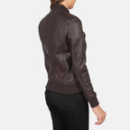 Women’s Bliss burgundy leather bomber jacket with rib knit collar and waistband