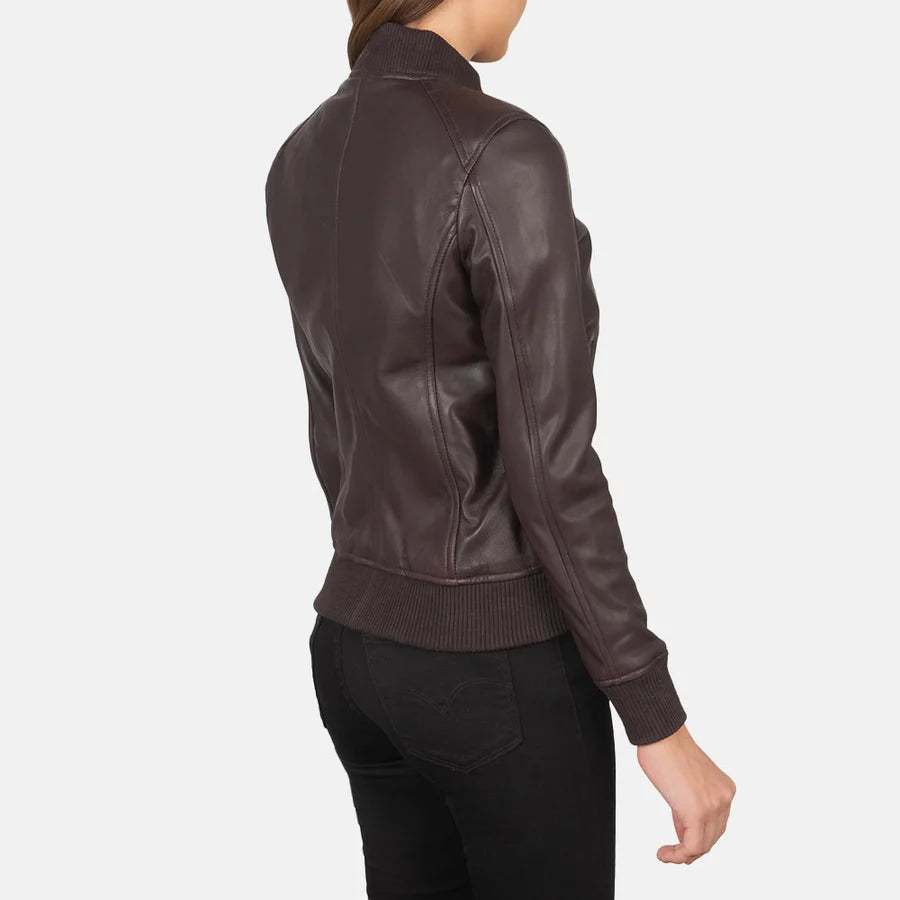 Women’s Bliss burgundy leather bomber jacket with rib knit collar and waistband