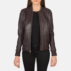 Women’s Bliss burgundy leather bomber jacket worn open with rib knit hem and cuffs