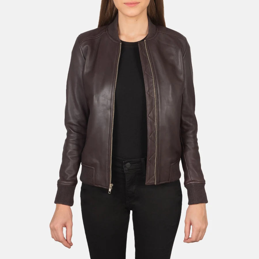 Women’s Bliss burgundy leather bomber jacket worn open with rib knit hem and cuffs
