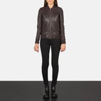 Women’s Bliss burgundy slim fit leather bomber jacket with rib knit waistband, full length 