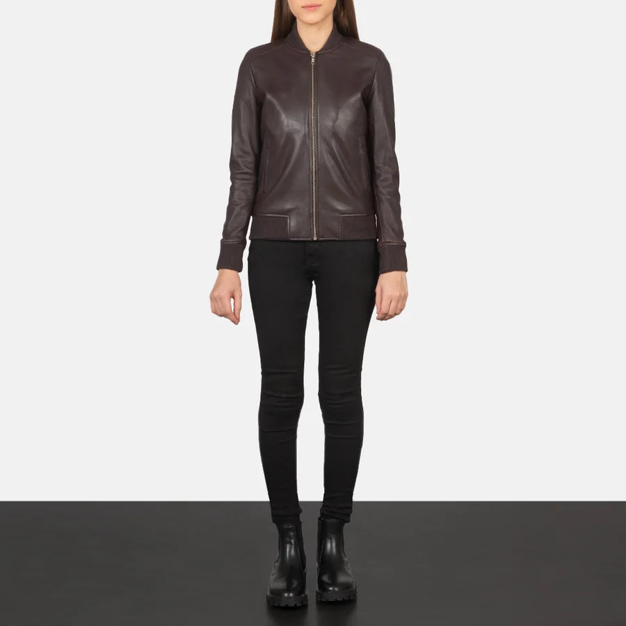 Women’s Bliss burgundy slim fit leather bomber jacket with rib knit waistband, full length 