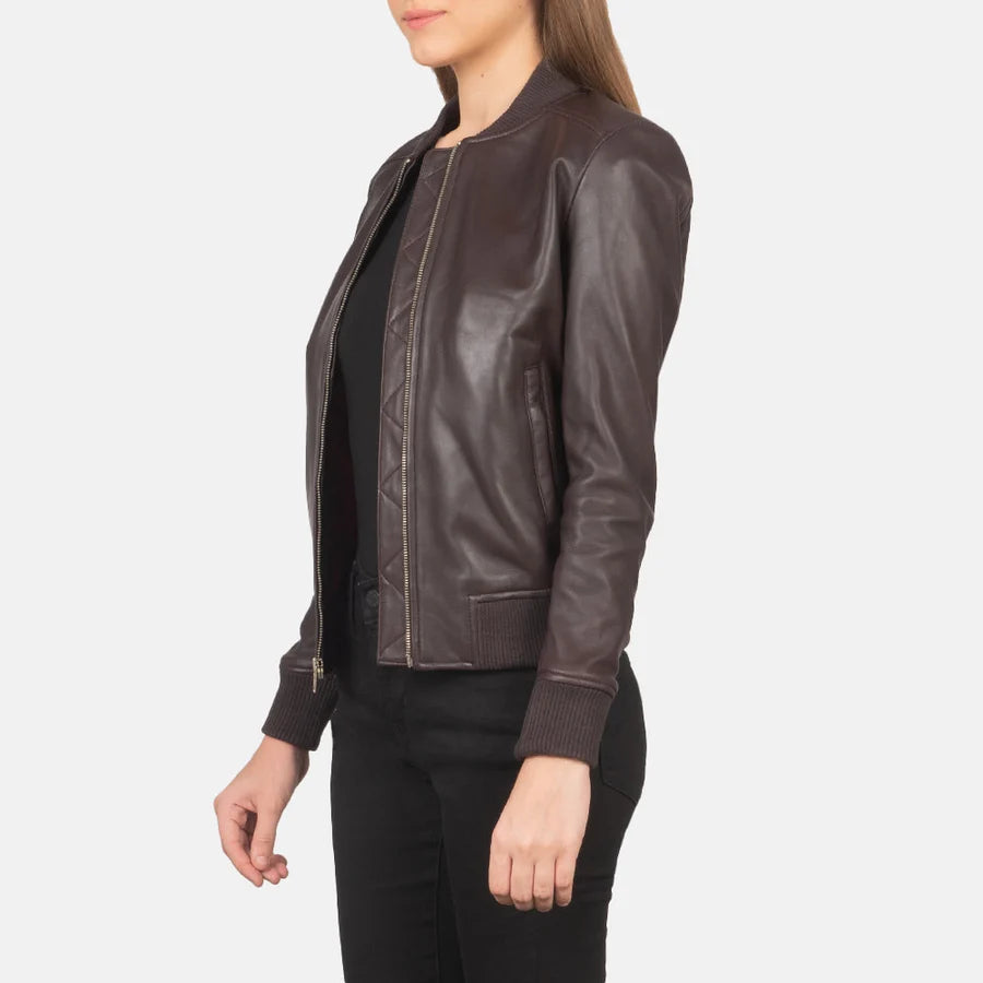 Women’s Bliss burgundy leather bomber jacket with fitted sleeve and rib knit cuffs, angled