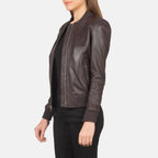 Women’s Bliss burgundy leather bomber jacket with fitted sleeve and rib knit cuffs, angled