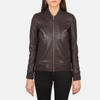 Women’s Bliss burgundy leather bomber jacket with rib knit collar and gold-tone zipper