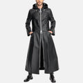 Men's long black hooded leather coat with full-length metal zipper, ring pull and chain detail