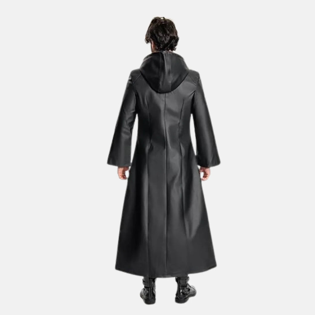 Men's long black hooded leather coat with full-length straight hem and flared sleeves